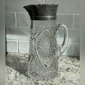 1940s Art Deco Pressed Glass Pitcher Geometric Details & Silver Plated Top VTG